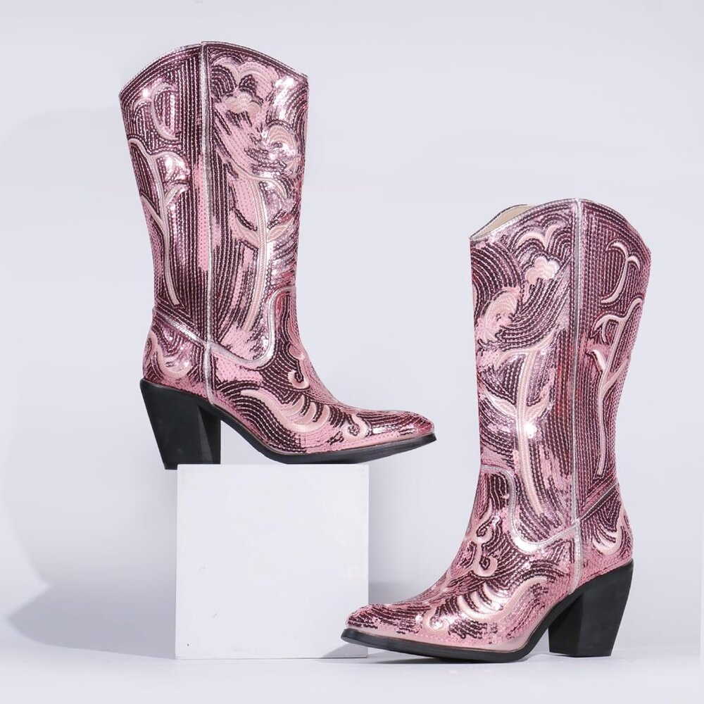 Women's Sequin Light Pink Fashion Western Zipper Pointed Toe Embroidered Boots - Picture 6 of 6